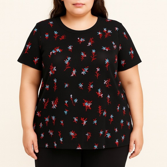 Massini Tops - MASSINI Womens Black Mesh Embroidered Floral Short Sleeve Top Size 3X Holiday‎